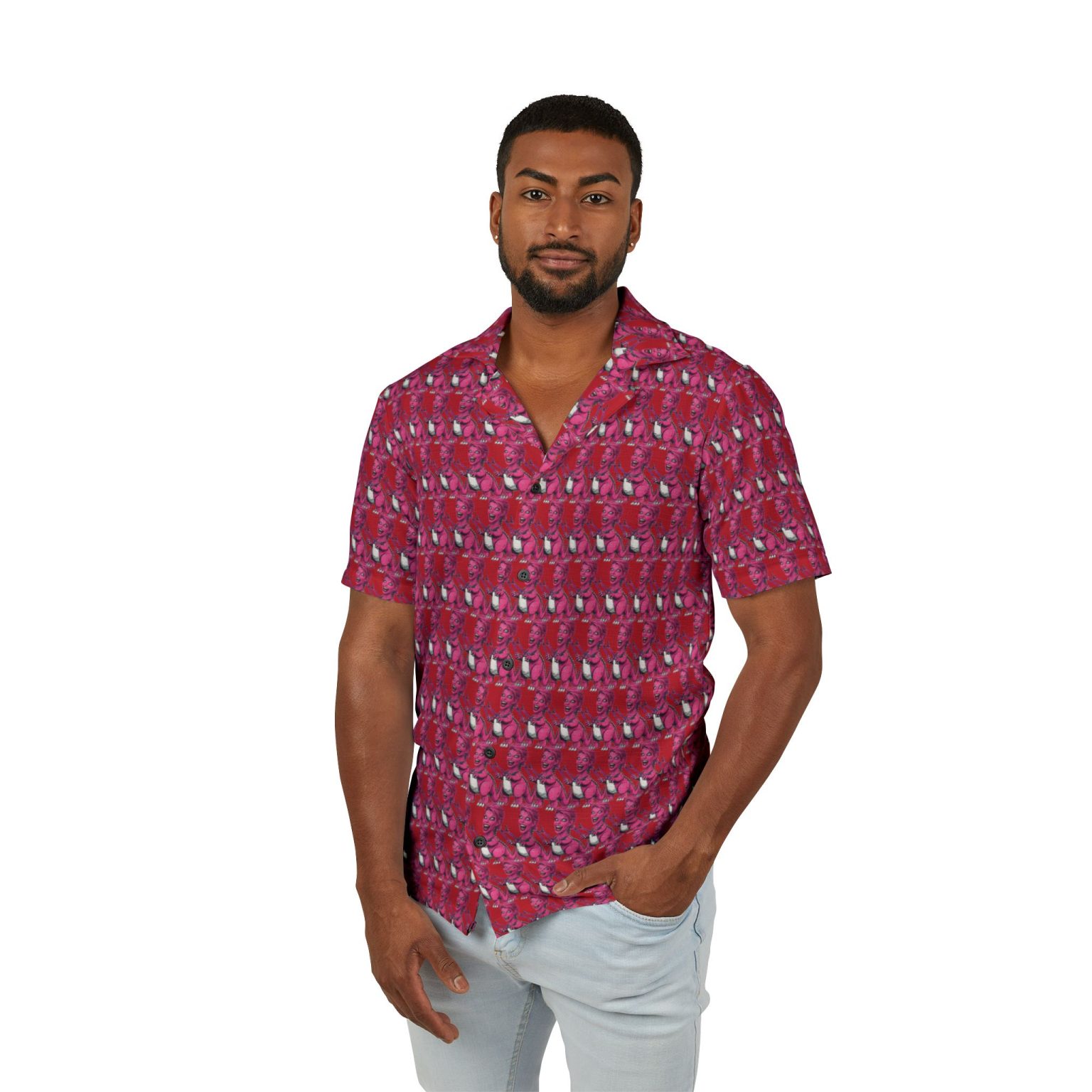 Men's Red Hawaiian Camp Shirt — Tropical All-Over Print - Image 3